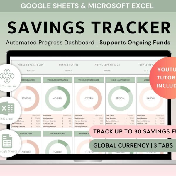 Savings Tracker Spreadsheet Excel Sinking Funds Tracker Google Sheets Personal Finance Planner Cash Savings Template Goal Tracker Worksheet